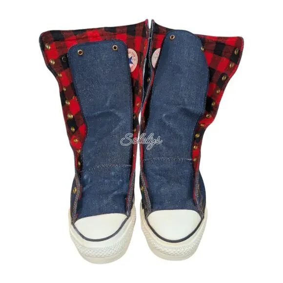 Converse 1987 Vtg NeeHi Calf High XHI USA Made Denim Fold Plaid Sneaker Mens 11 - Picture 9 of 14